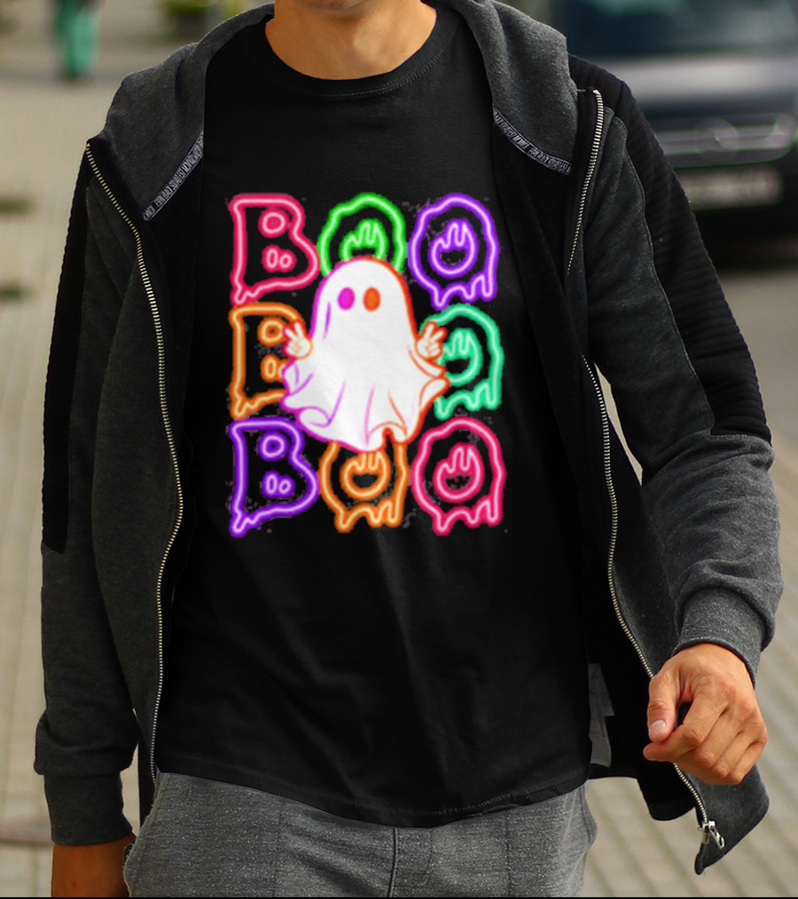 Ghost Boo Neon Halloween Spooky Bright T-Shirt