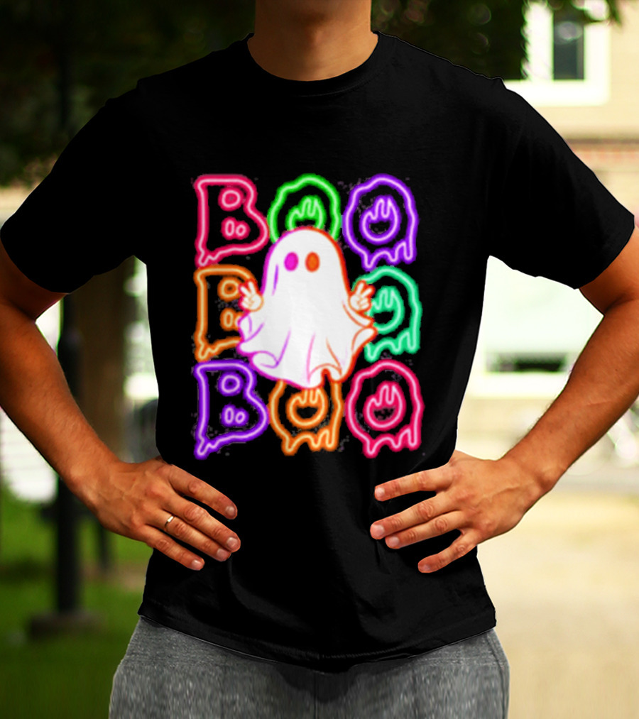 Ghost Boo Neon Halloween Spooky Bright T-Shirt