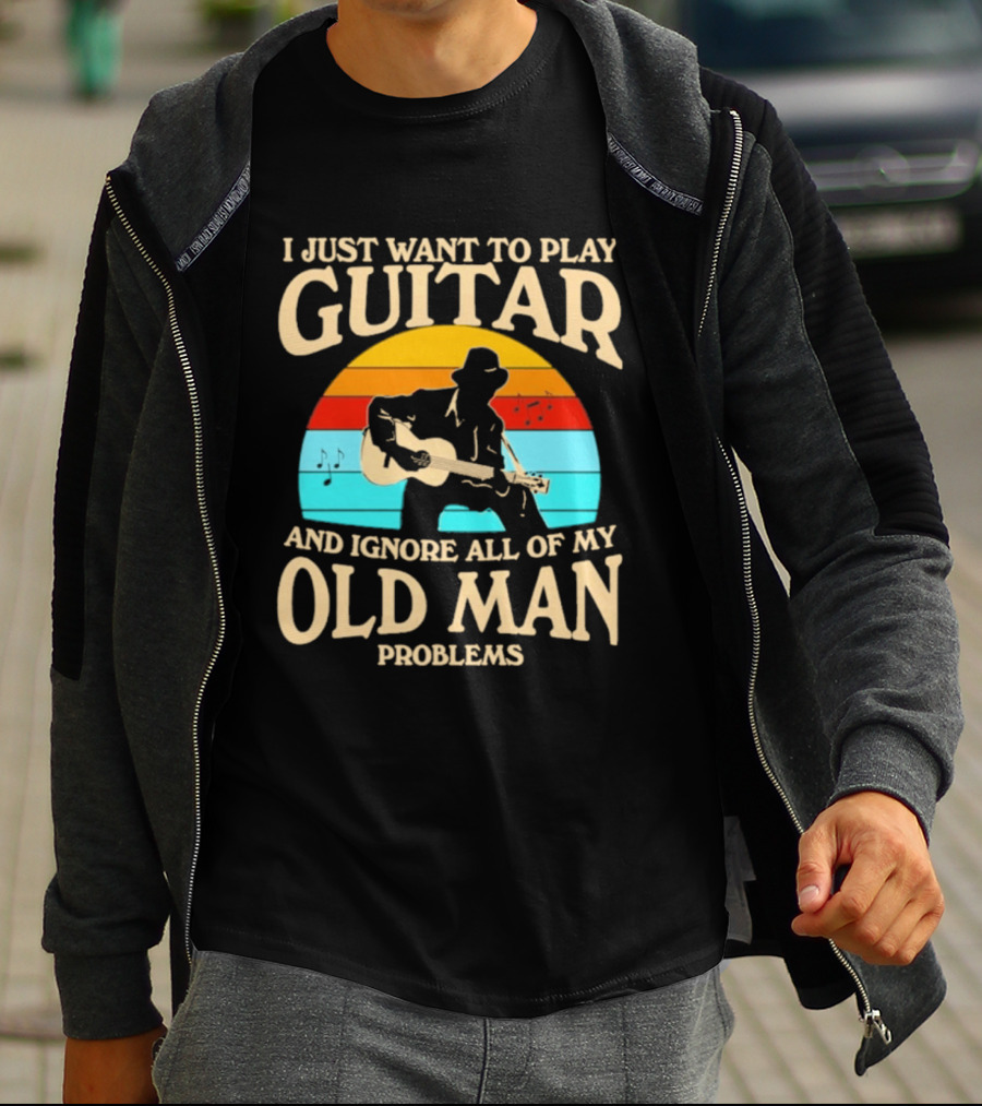 I Just Want To Play Guitar And Ignore All Of My Old Man Problems Vintage Retro Sunset T-Shirt