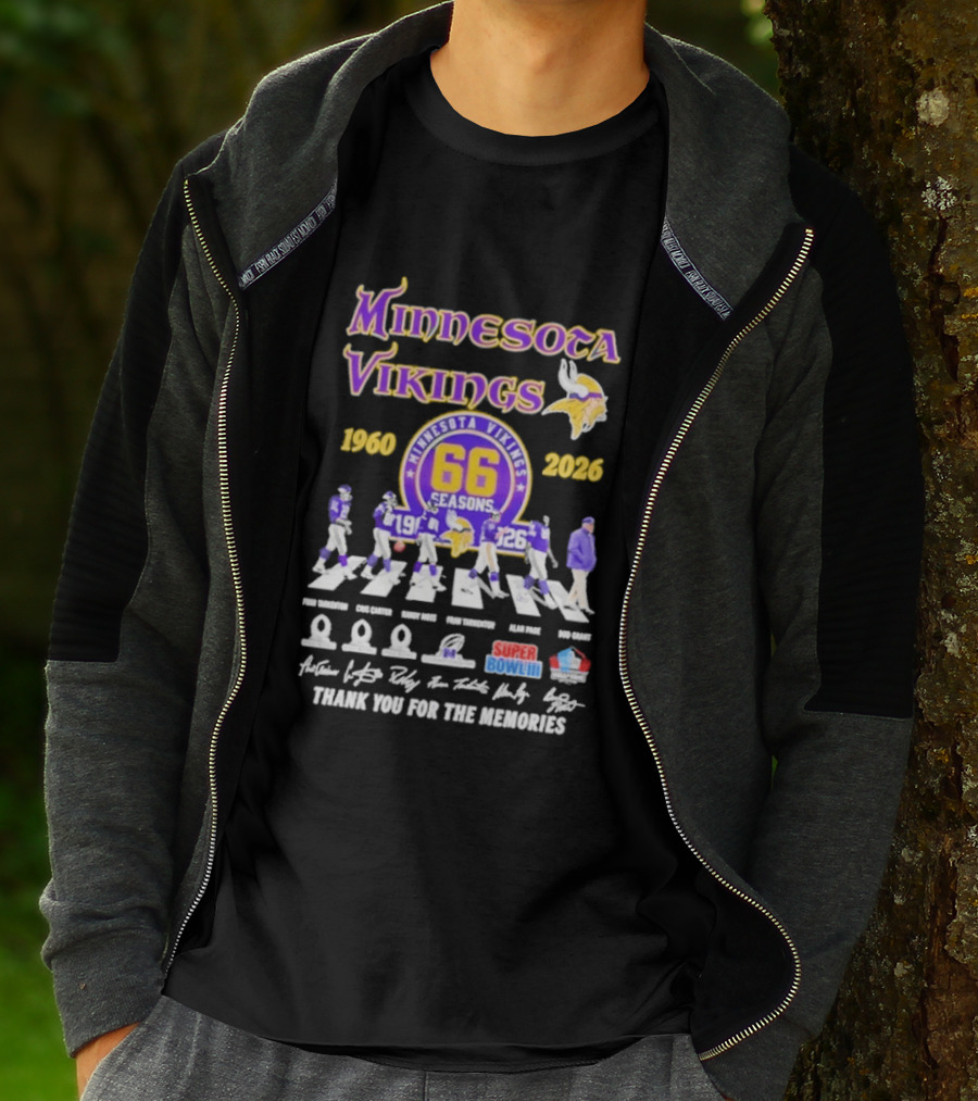 Minnesota Vikings 66 Seasons 1960 2026 Abbey Road Fran Tarkenton Cris Carter Randy Moss Alan Page Bud Grant Super Bowl Thank You For The Memories T-Shirt