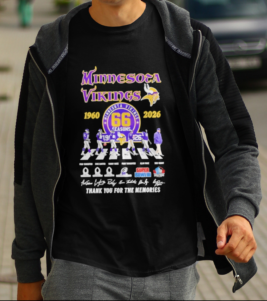 Minnesota Vikings 66 Seasons 1960 2026 Abbey Road Fran Tarkenton Cris Carter Randy Moss Alan Page Bud Grant Super Bowl Thank You For The Memories T-Shirt