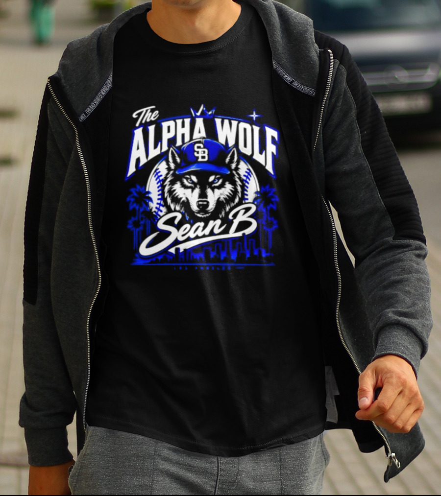 The Alpha Wolf Sean B LA Dodgers Skyline Wolf Baseball Cap Stars Palms T-Shirt