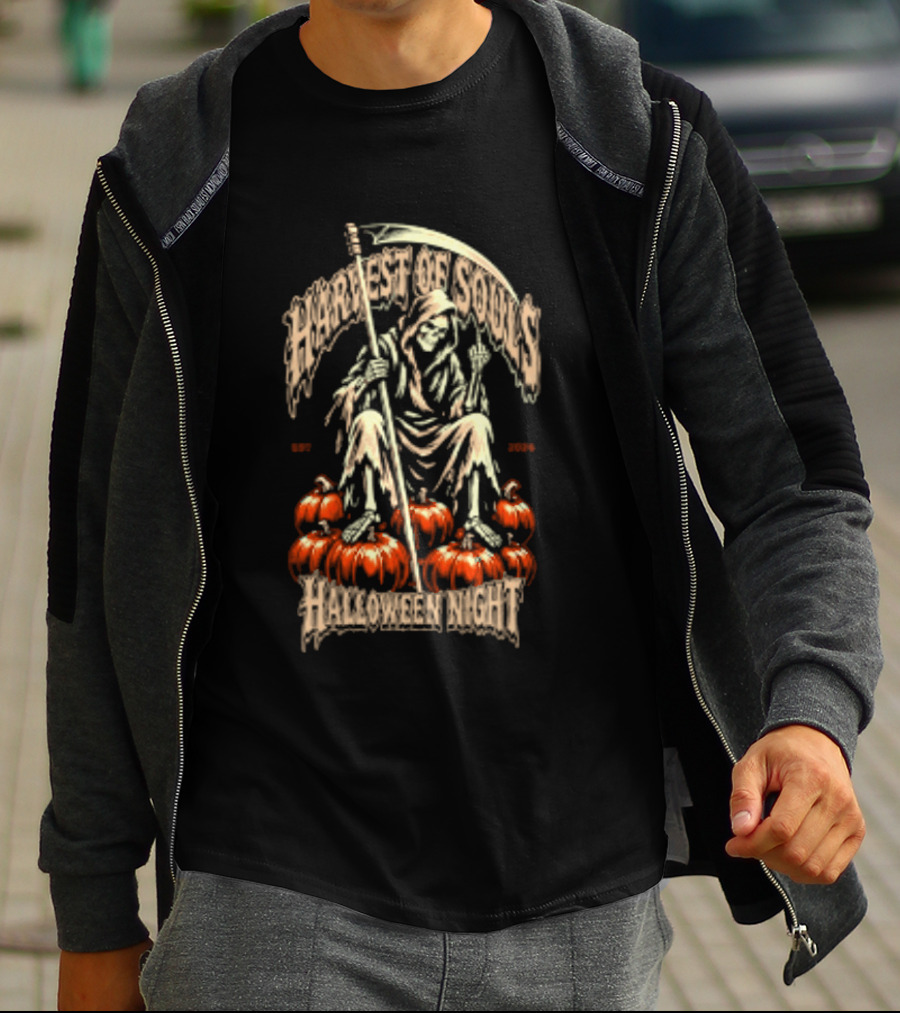 Grim Reaper Harvest Of Souls Halloween Night Middle Finger Pumpkins T-Shirt
