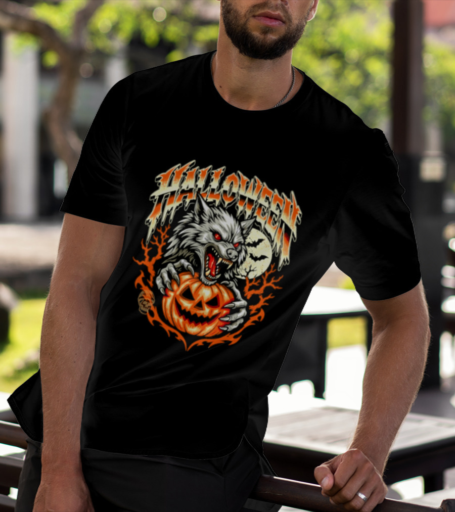 Halloween Werewolf With Jack O' Lantern And Full Moon T-Shirt
