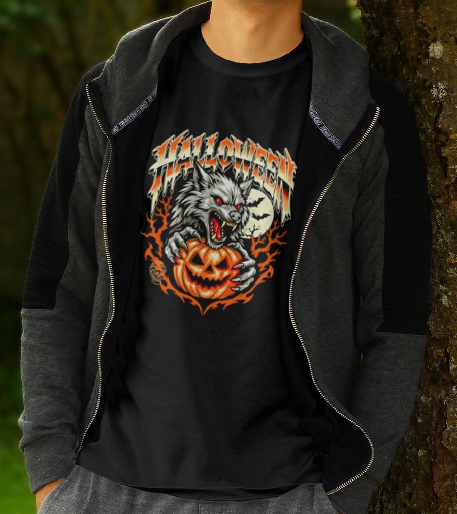 Halloween Werewolf With Jack O' Lantern And Full Moon T-Shirt