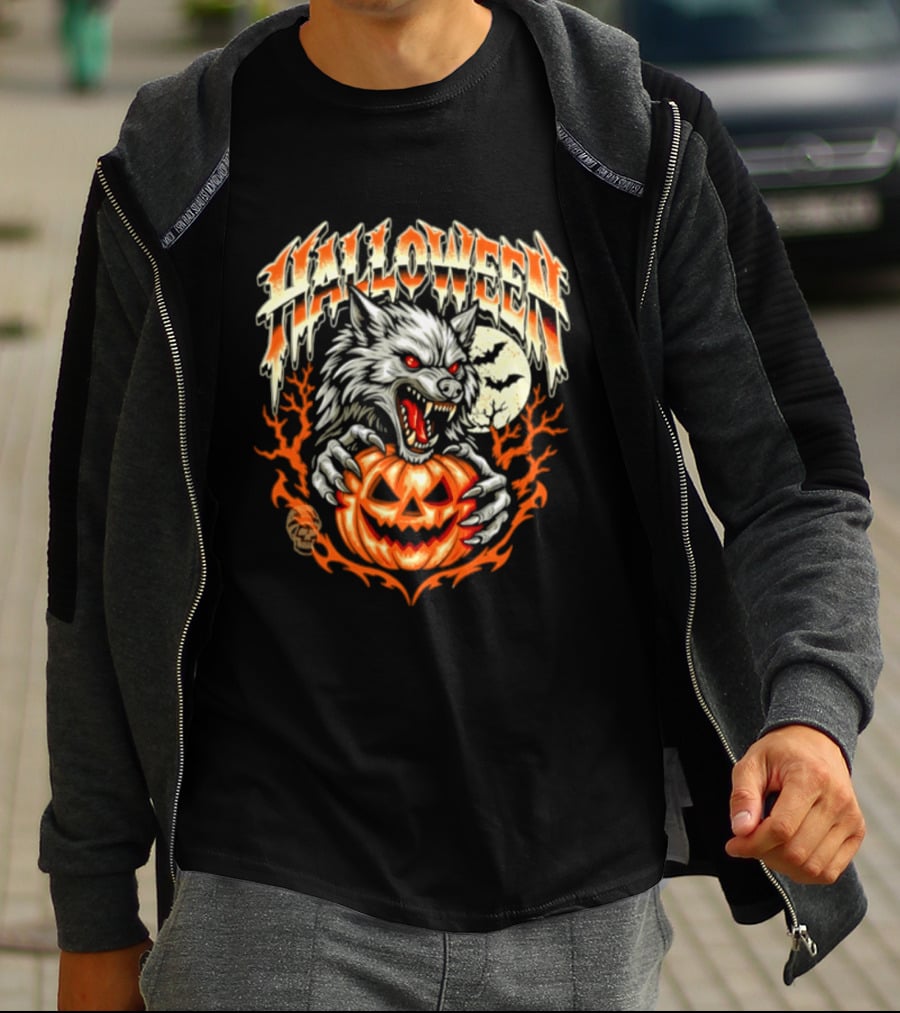 Halloween Werewolf With Jack O' Lantern And Full Moon T-Shirt