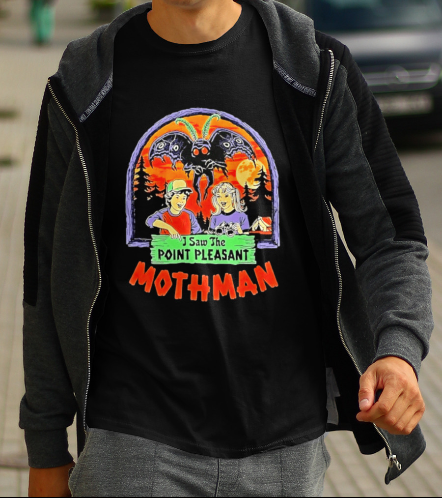 I Saw The Point Pleasant Mothman With Kids And Binoculars In Forest Scene T-Shirt