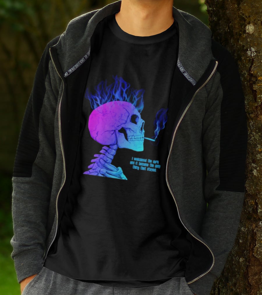 I Welcomed The Dark And It Became The Only Thing That Stayed Skull Smoking Blue Fire Hair T-Shirt