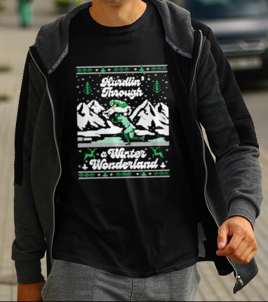 Saquon Barkley Hurdling Through A Winter Wonderland Philadelphia Christmas Ugly T-Shirt
