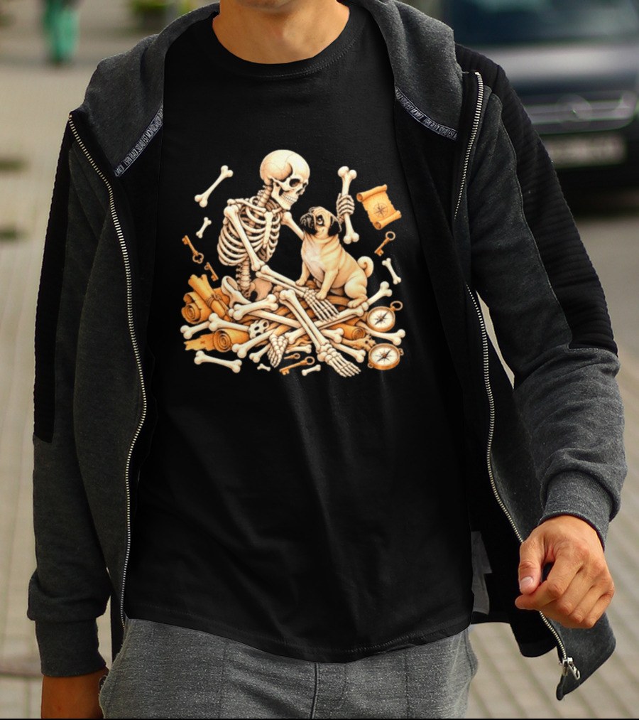 Skeleton And Pug With Bones And Scrolls Halloween Adventure T-Shirt