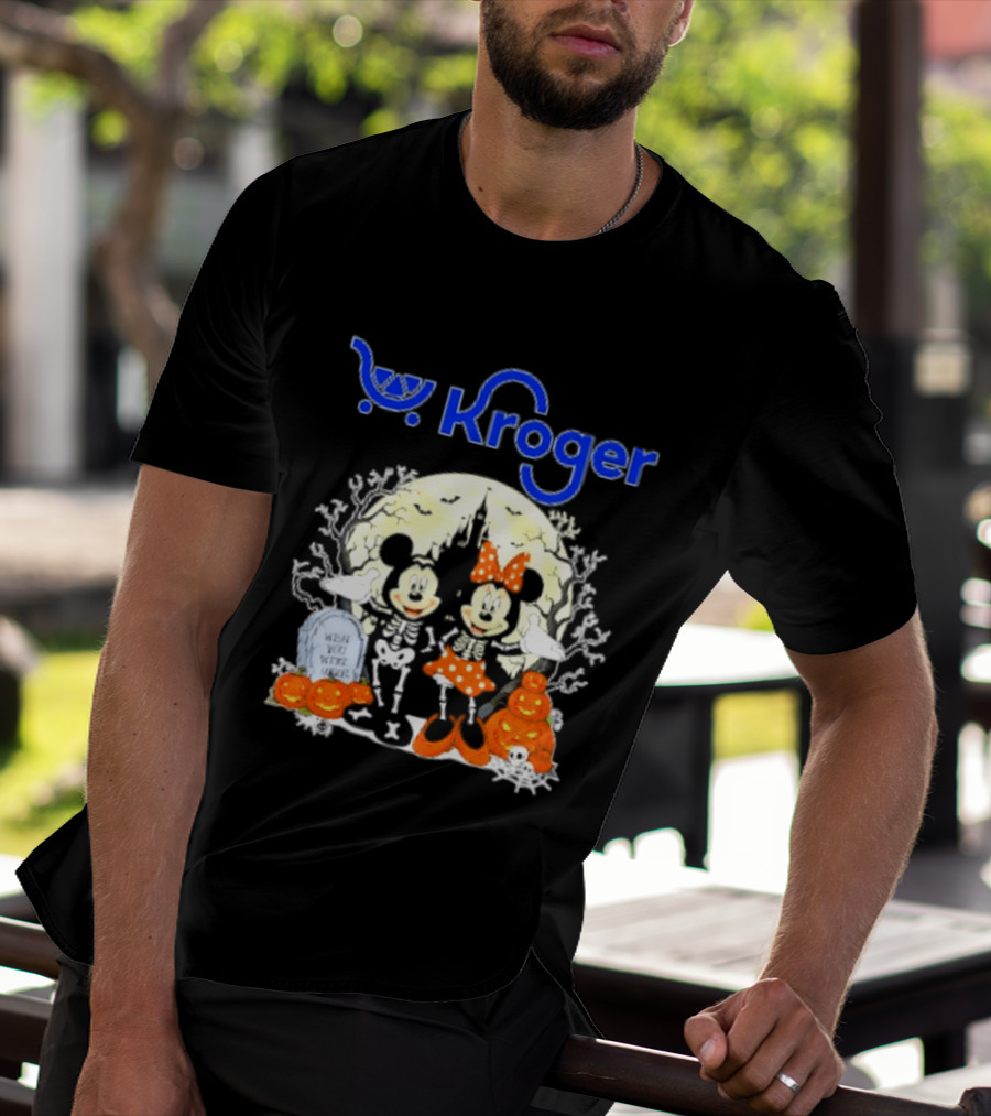 Kroger Mickey And Minnie Mouse Skeleton Halloween Pumpkins And Gravestone T-Shirt