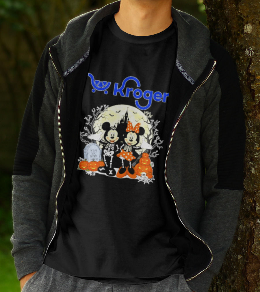 Kroger Mickey And Minnie Mouse Skeleton Halloween Pumpkins And Gravestone T-Shirt
