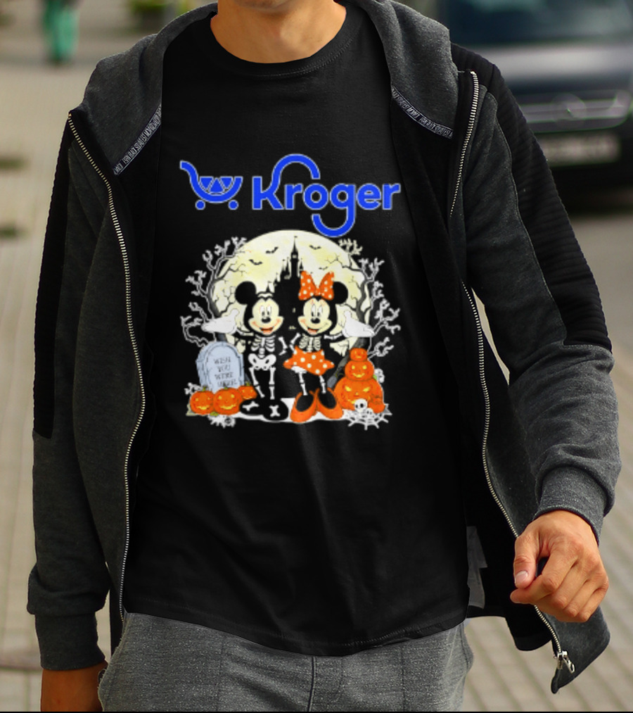 Kroger Mickey And Minnie Mouse Skeleton Halloween Pumpkins And Gravestone T-Shirt