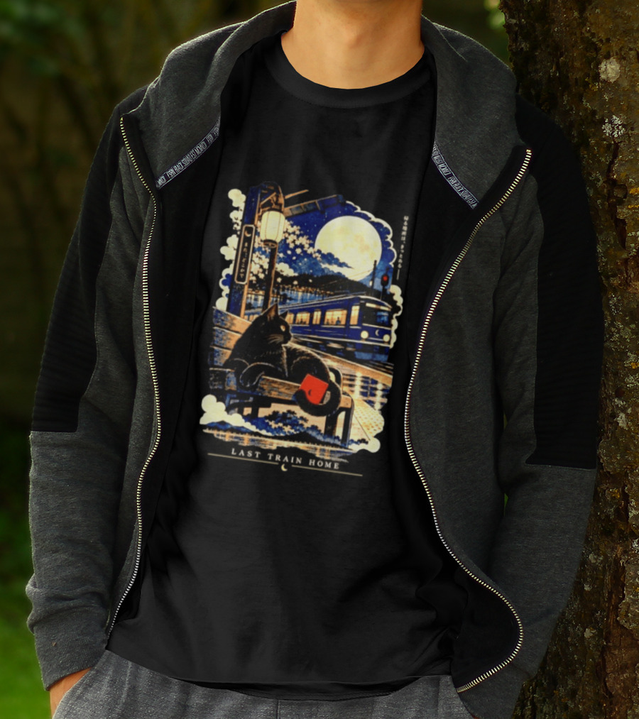 Last Train Home Black Cat Under Moonlit Sky Japanese Aesthetic T-Shirt