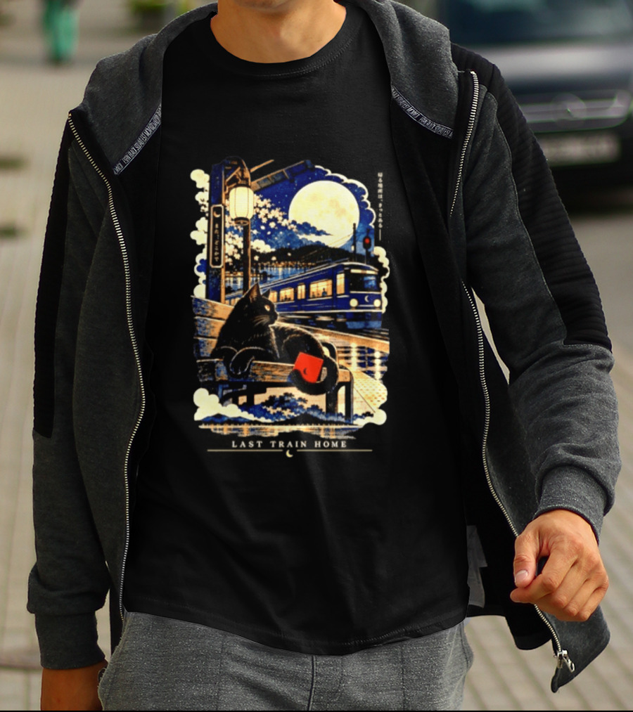 Last Train Home Black Cat Under Moonlit Sky Japanese Aesthetic T-Shirt