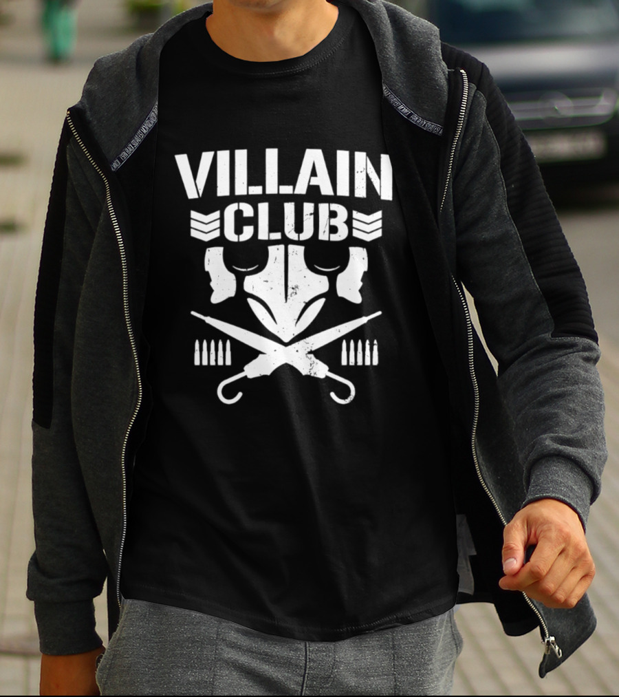 Villain Club Masked Skull With Crossed Umbrellas And Bullets T-Shirt