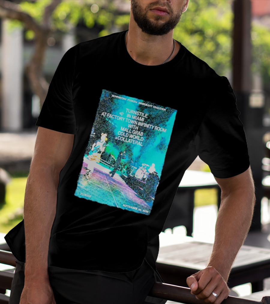 Supporting Florida Immigrant Coalition Turnstile In Miami Factory Town Infinity Room With Mall Grab Cold World Collateral September 20 2026 T-Shirt