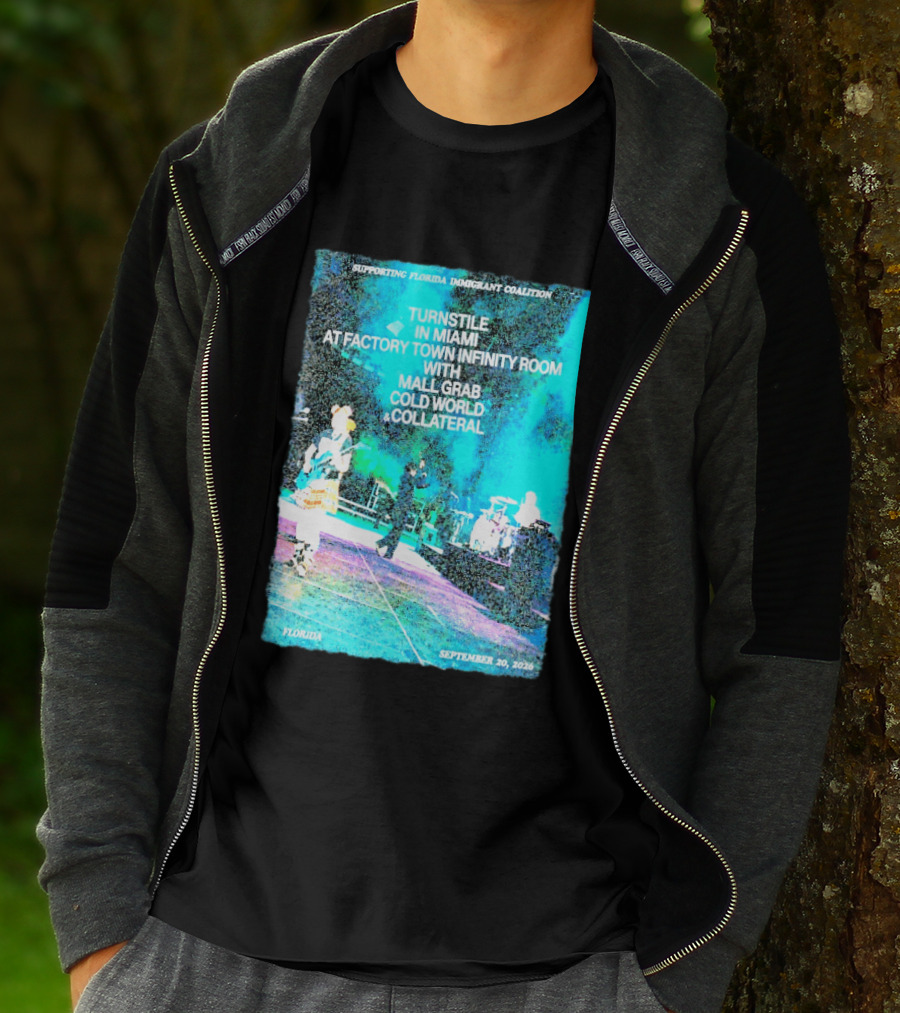 Supporting Florida Immigrant Coalition Turnstile In Miami Factory Town Infinity Room With Mall Grab Cold World Collateral September 20 2026 T-Shirt