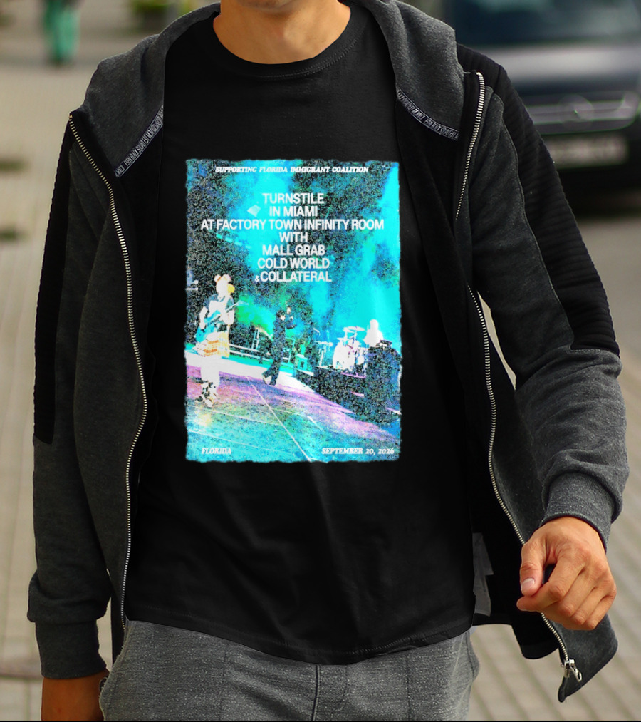 Supporting Florida Immigrant Coalition Turnstile In Miami Factory Town Infinity Room With Mall Grab Cold World Collateral September 20 2026 T-Shirt