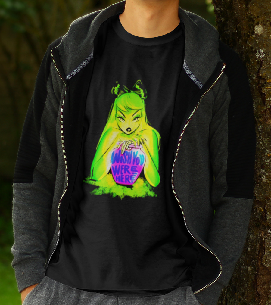 Wish You Were Here Skeleton Urn Goth Spooky Green Yellow Pink Ghostly Aesthetic T-Shirt