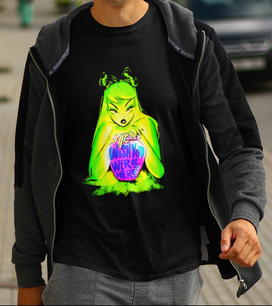 Wish You Were Here Skeleton Urn Goth Spooky Green Yellow Pink Ghostly Aesthetic T-Shirt