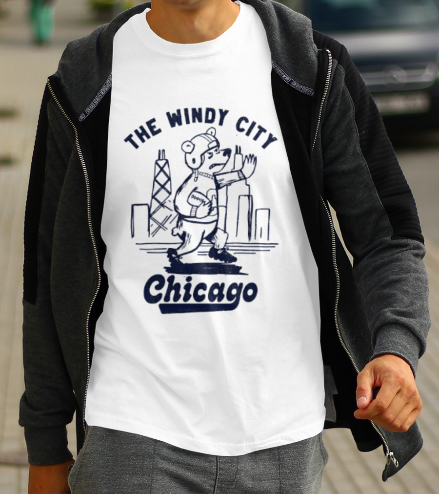 Chicago Bears The Windy City Football Character And Skyline T-Shirt