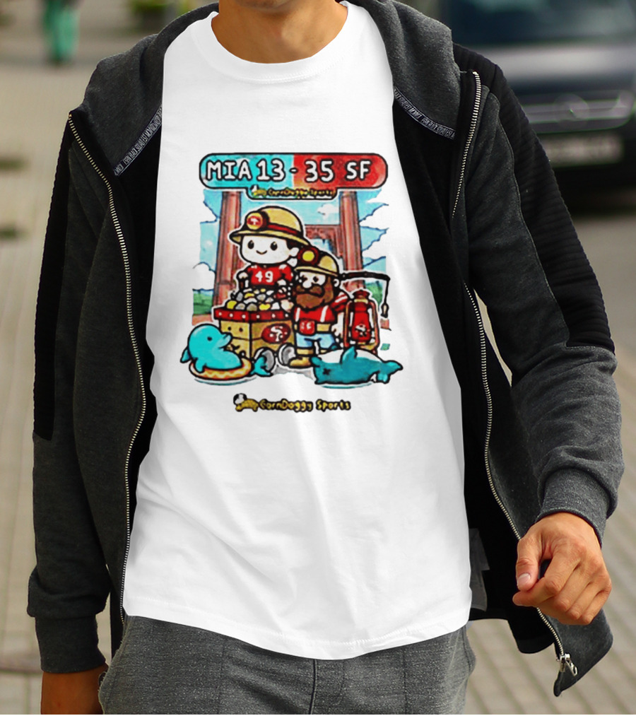 CornDoggy Sports MIA 13 Vs 35 SF Dolphins 49ers Gold Miners Cartoon T-Shirt
