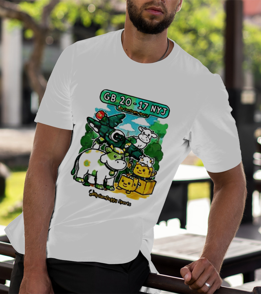 GB 20 17 NYJ Green Bay Football Green Cow Jet Cartoon Game Day T-Shirt