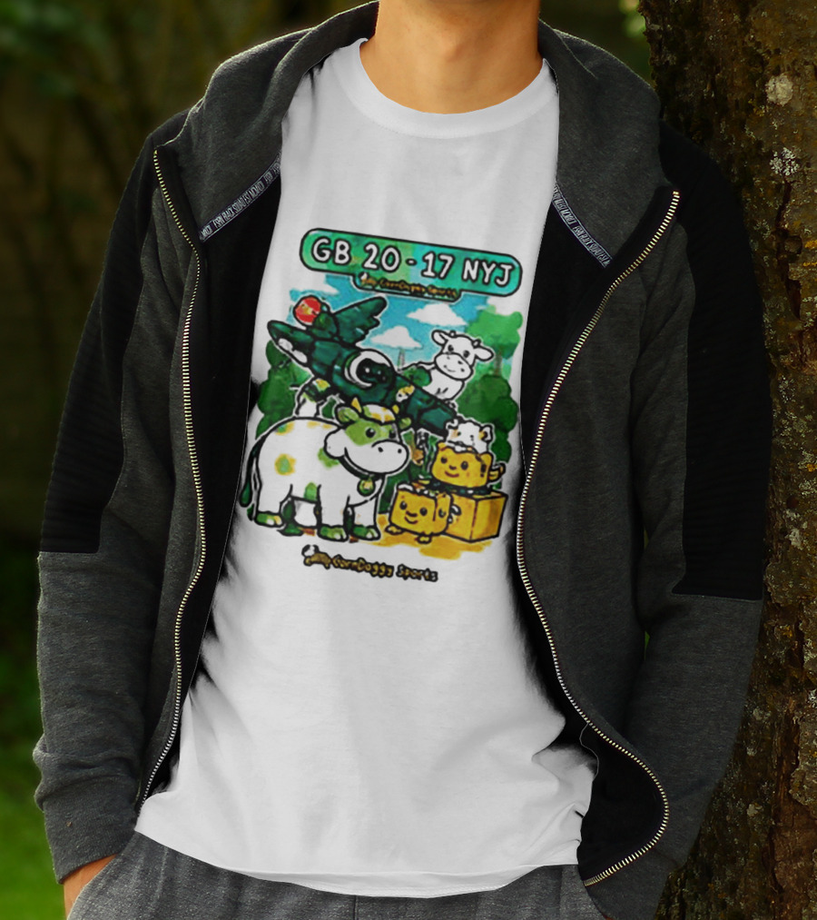 GB 20 17 NYJ Green Bay Football Green Cow Jet Cartoon Game Day T-Shirt