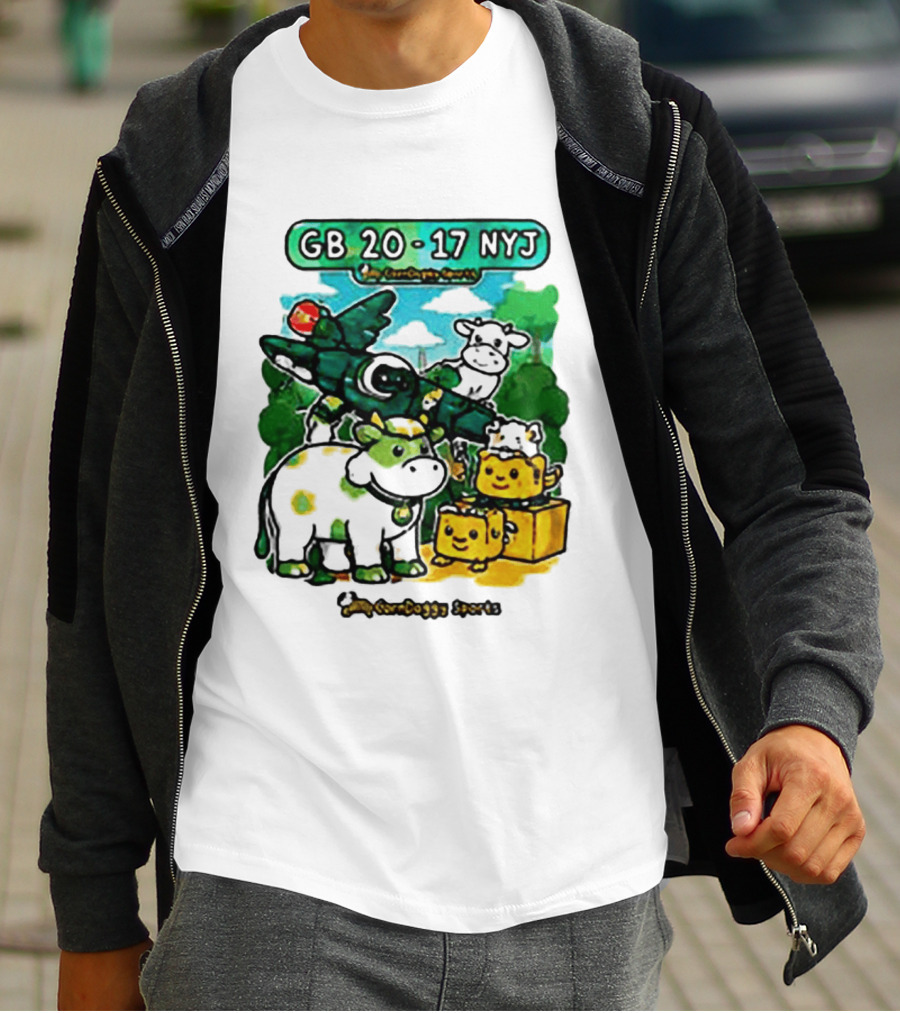 GB 20 17 NYJ Green Bay Football Green Cow Jet Cartoon Game Day T-Shirt
