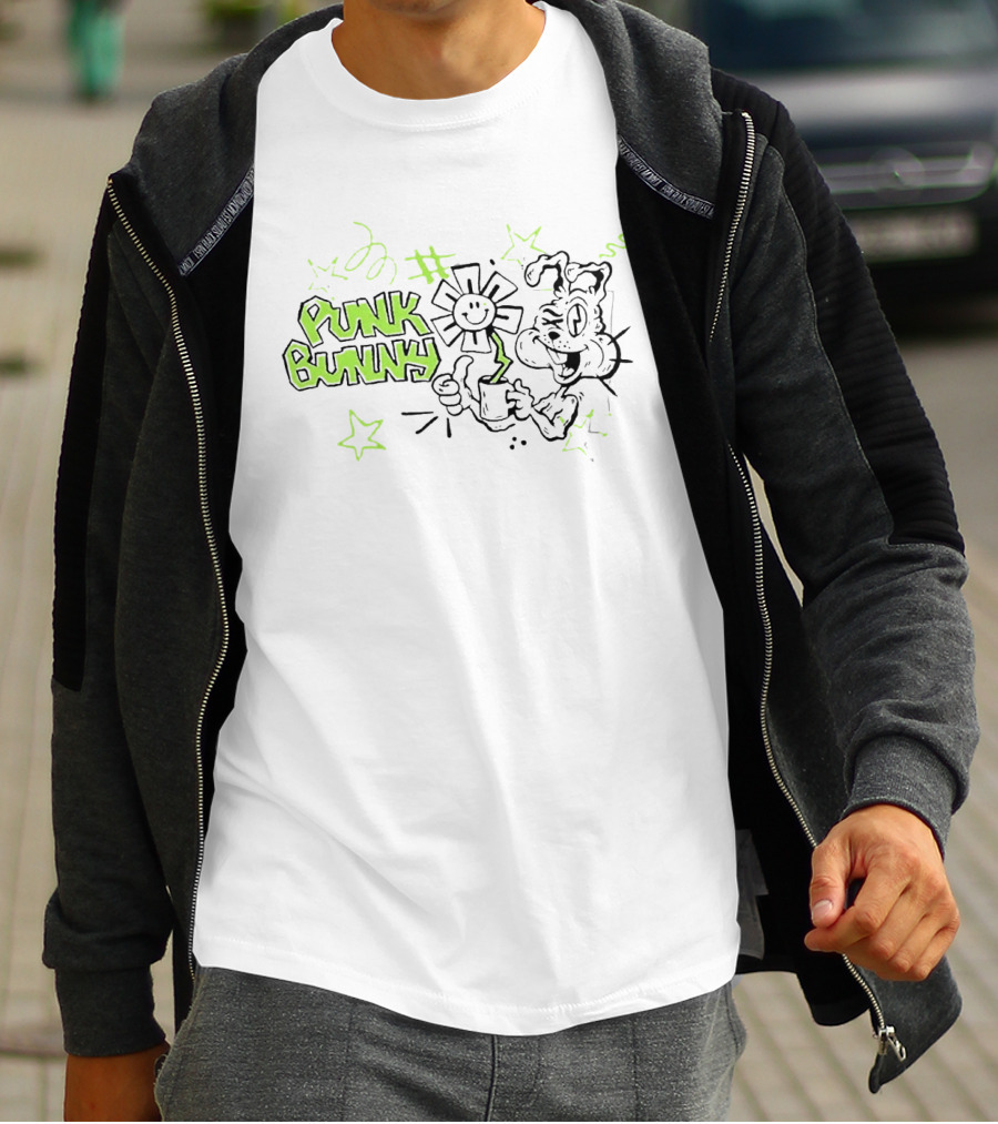 Punk Bunny Green Day Coffee Flower Light Blue T-Shirt