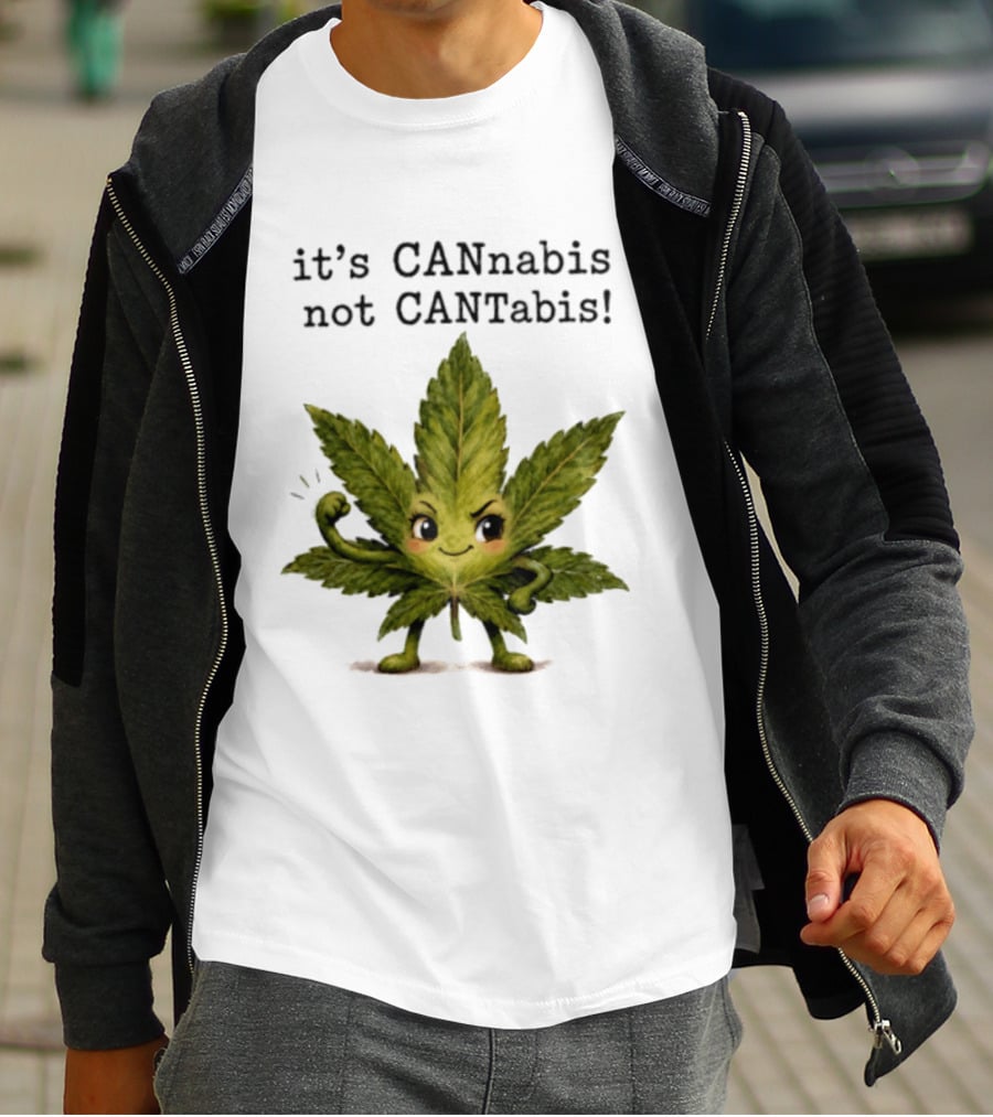 Cannabis Leaf Character It's CANnabis Not CANtabis Winking Cartoon T-Shirt