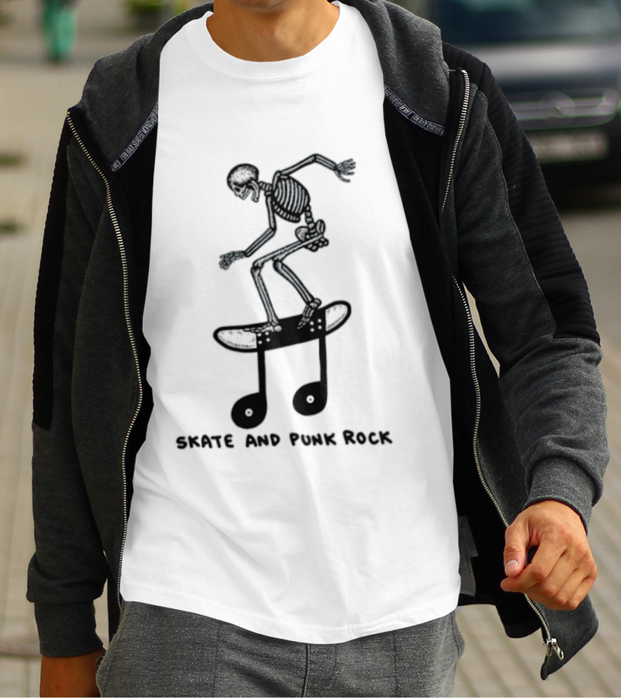 Skeleton Skater On Music Note Skateboard Punk Rock T-Shirt