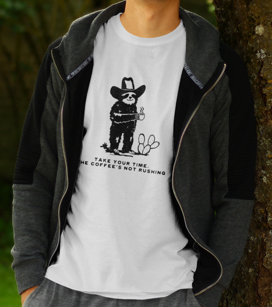 Take Your Time Cowboy Sloth With Coffee And Cactus T-Shirt