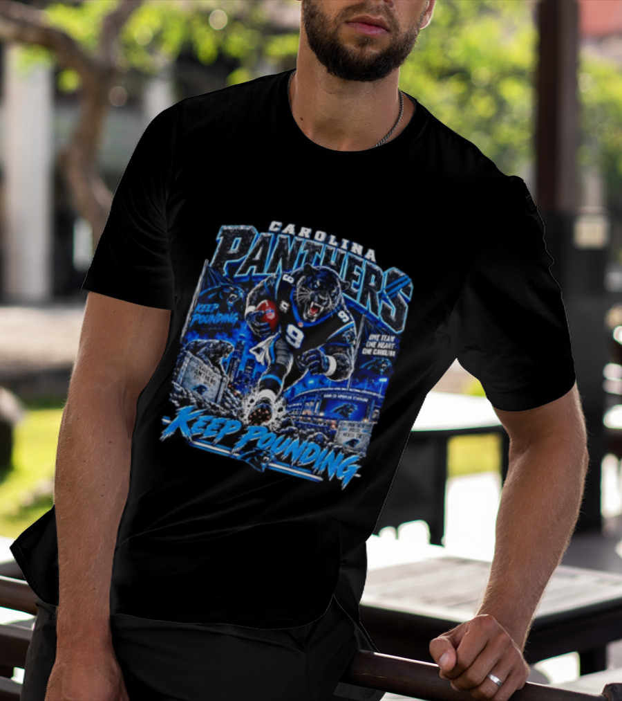 Carolina Panthers Keep Pounding One Team One Heart One Carolina Panthers 9 Football Player City Skyline T-Shirt