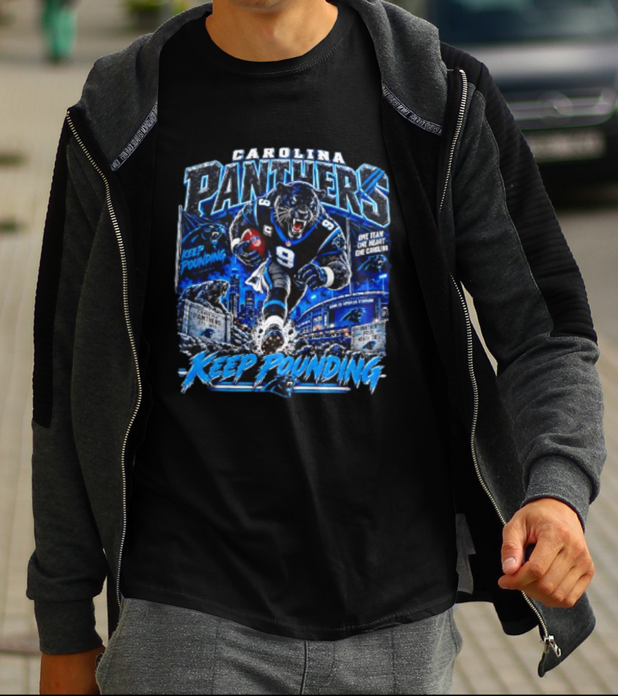 Carolina Panthers Keep Pounding One Team One Heart One Carolina Panthers 9 Football Player City Skyline T-Shirt