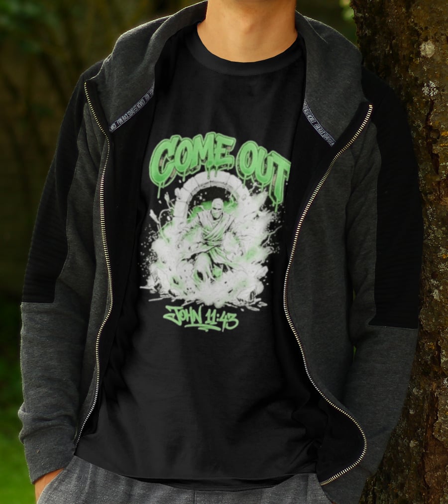 Come Out John 11 43 Mummy Bible Verse Green Drip T-Shirt