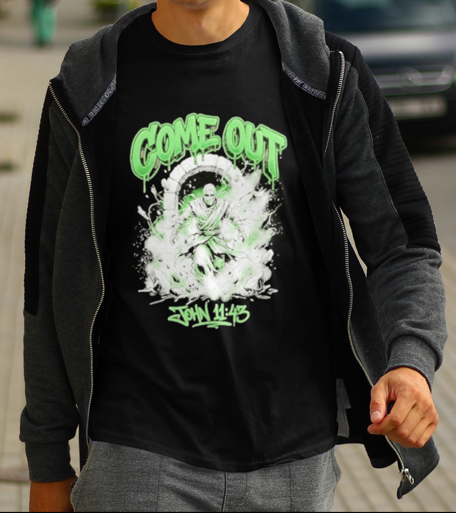 Come Out John 11 43 Mummy Bible Verse Green Drip T-Shirt