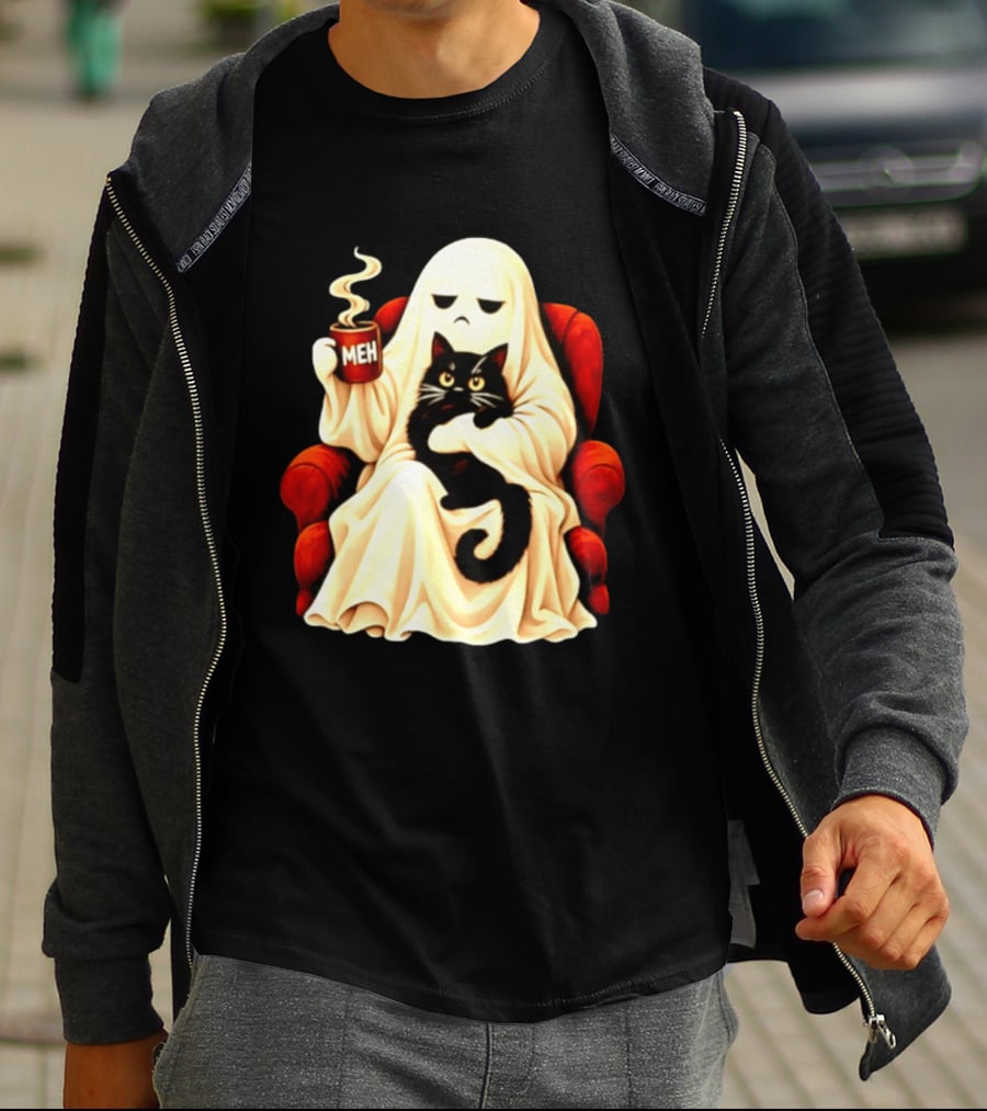 Ghost And Black Cat On Red Chair With Meh Coffee T-Shirt