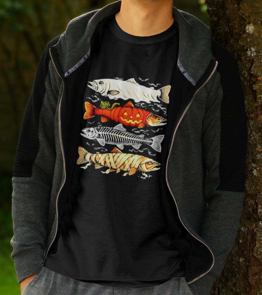 Halloween Pumpkin Mummy Fish Skeleton Trio T-Shirt