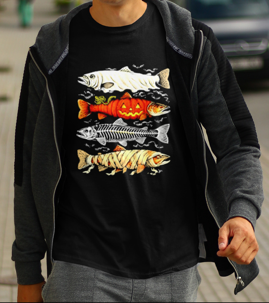 Halloween Pumpkin Mummy Fish Skeleton Trio T-Shirt