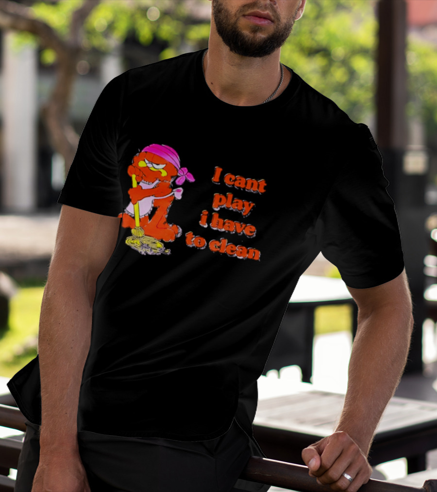 Garfield I Can't Play I Have To Clean Comic Image With Mop And Bandana T-Shirt