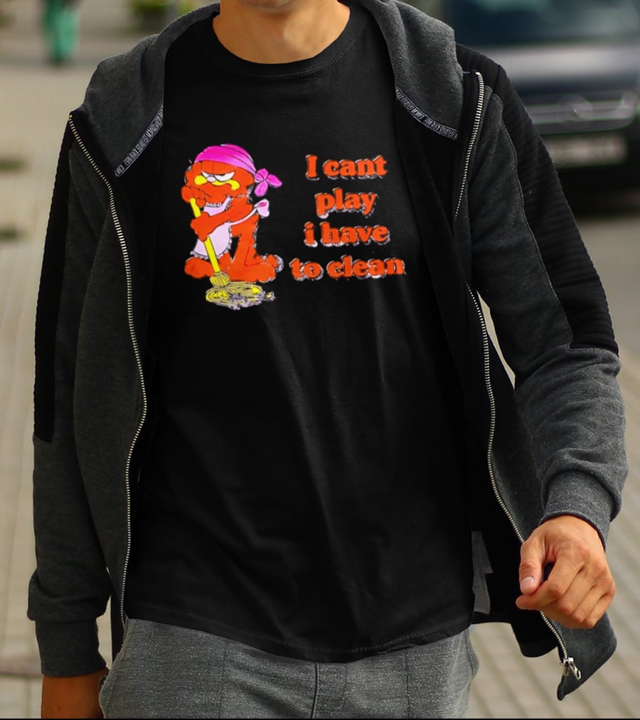 Garfield I Can't Play I Have To Clean Comic Image With Mop And Bandana T-Shirt