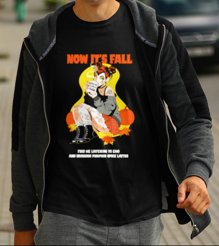 Now It's Fall Emo And Pumpkin Spice Lattes Aesthetic Cozy Autumn Vibes T-Shirt