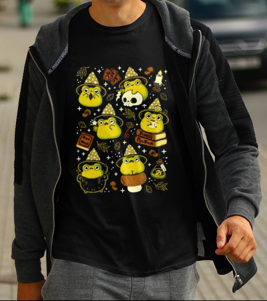 Witchy Froggy Spellbook Black Magic Poison Wizard Hat Mushrooms Potion Bottles T-Shirt