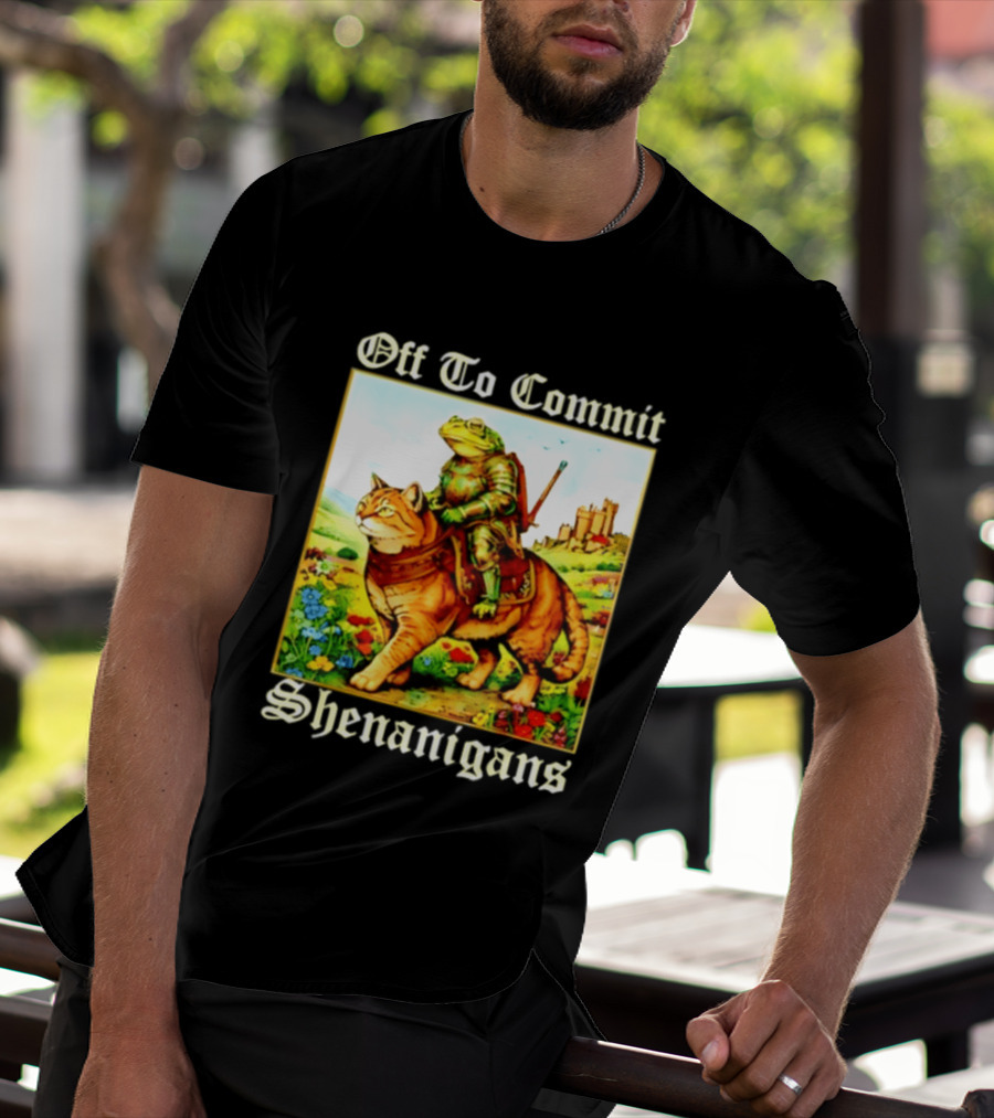 Off To Commit Shenanigans Frog Knight Riding Cat Medieval Adventure T-Shirt