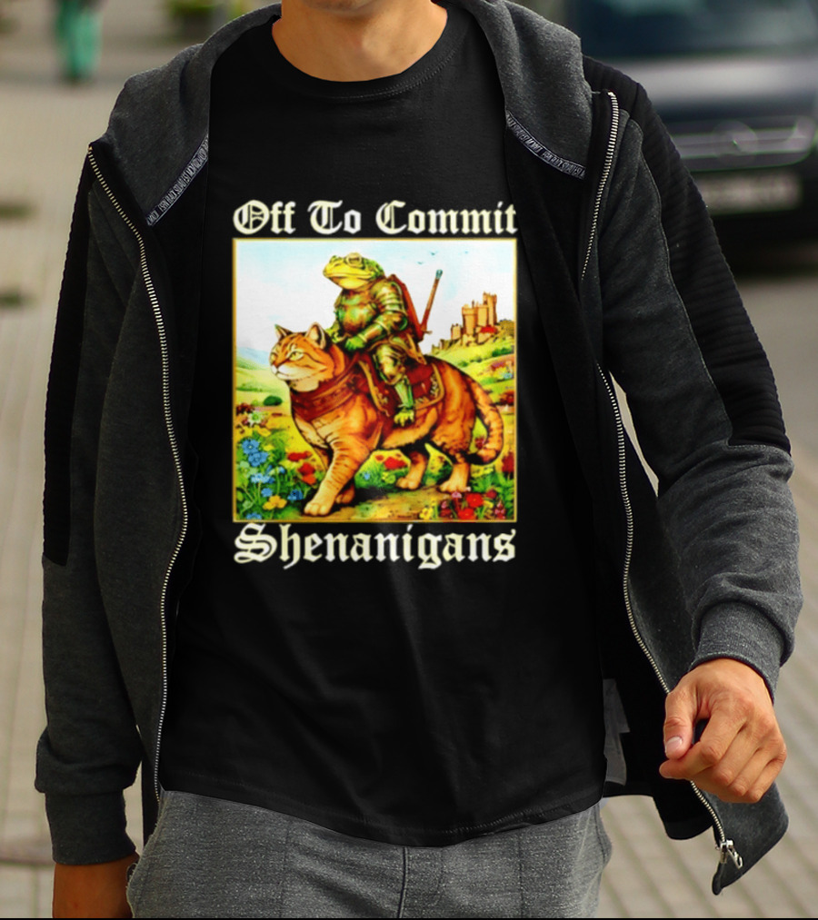 Off To Commit Shenanigans Frog Knight Riding Cat Medieval Adventure T-Shirt
