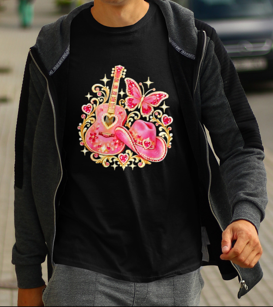 Pink Rhinestone Guitar Cowboy Hat Butterfly Hearts Sparkles T-Shirt