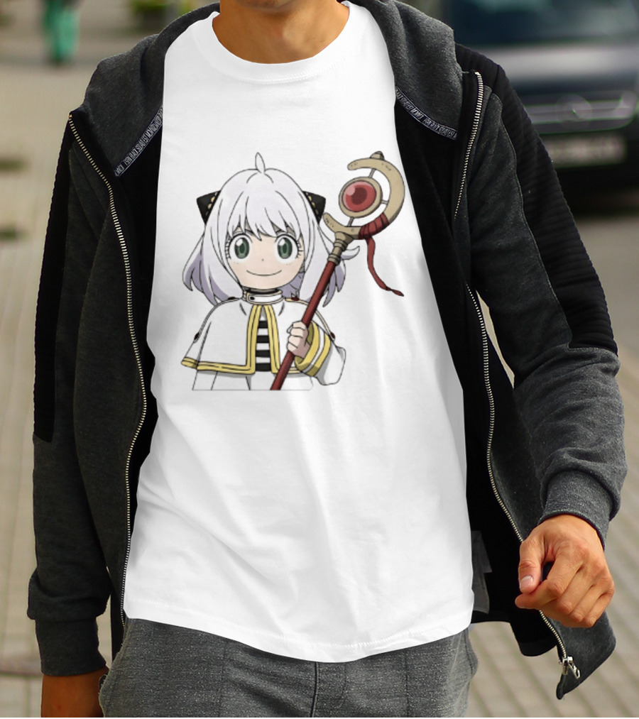 Anya Forger Frieren Crossover Anime Character With Magical Staff T-Shirt