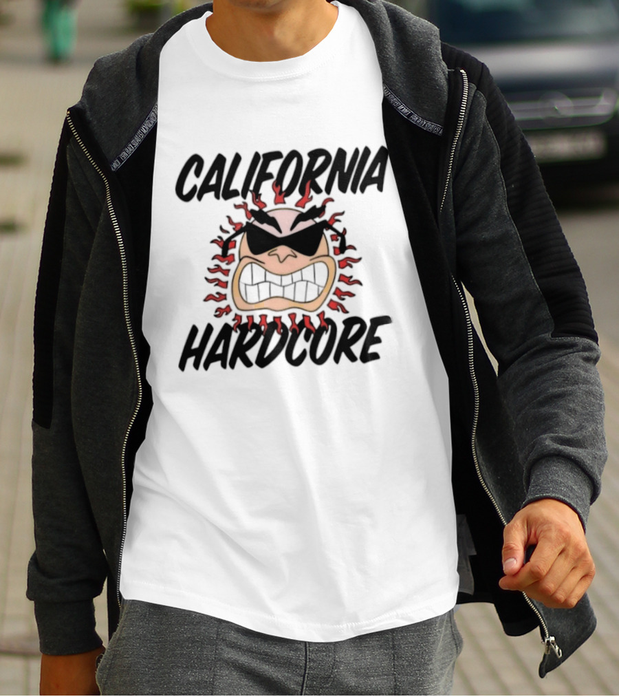California Hardcore Sun With Sunglasses And Fierce Flames T-Shirt